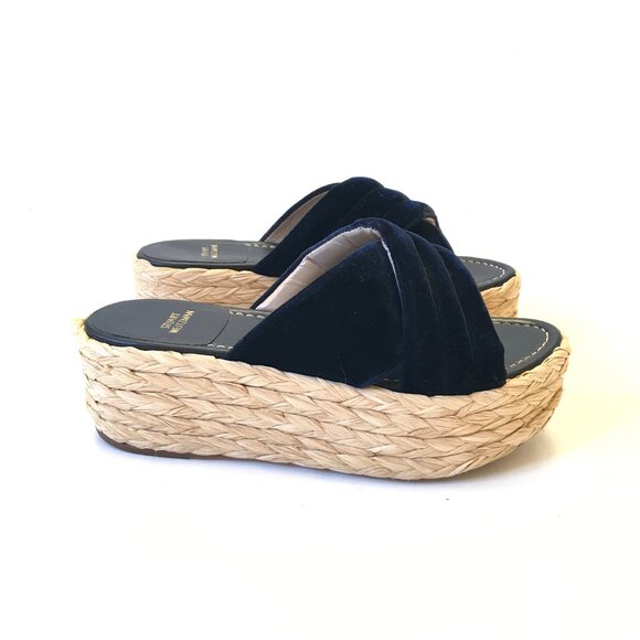Stuart Weitzman Pufftopraffia Wedge Espadrille Sandals Womens 7 Navy Blue Velvet - Picture 1 of 11